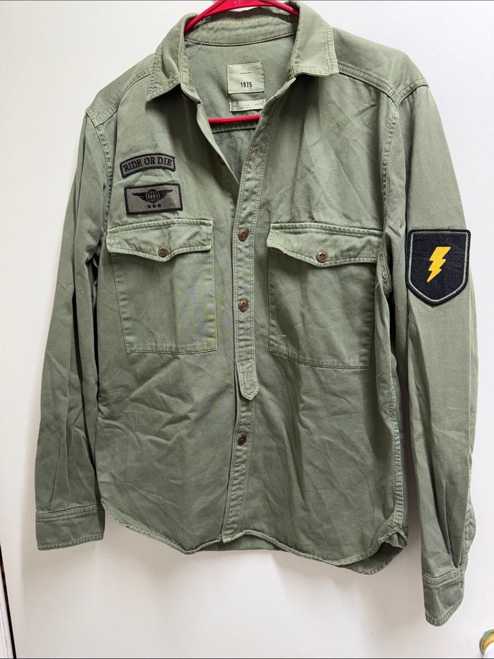Zara Olive Green Military Patch Button-Down Field Jacket